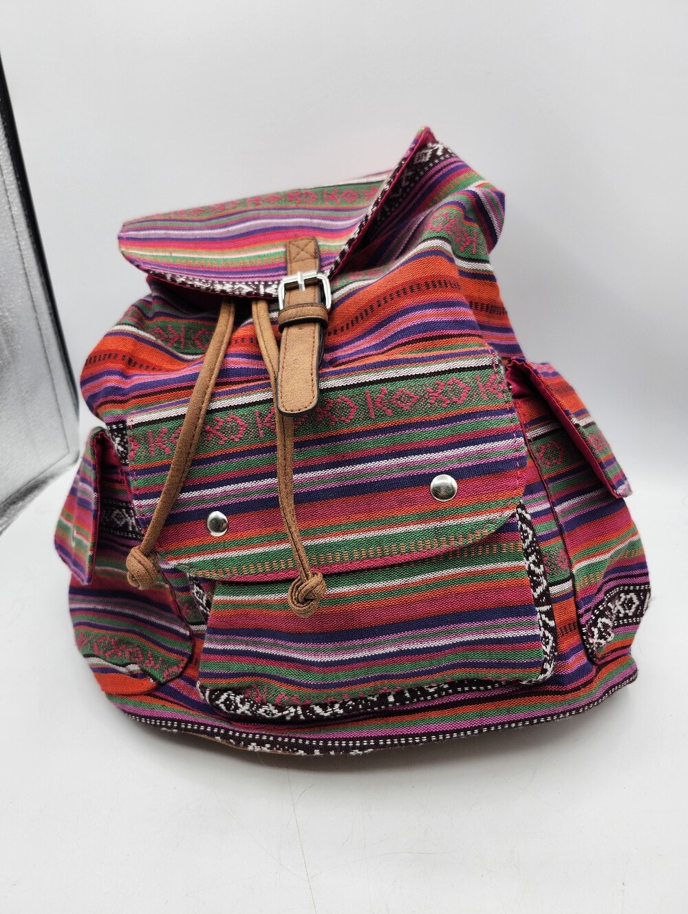 Colorful Striped Women’s Canvas Backpack - Pink Multi